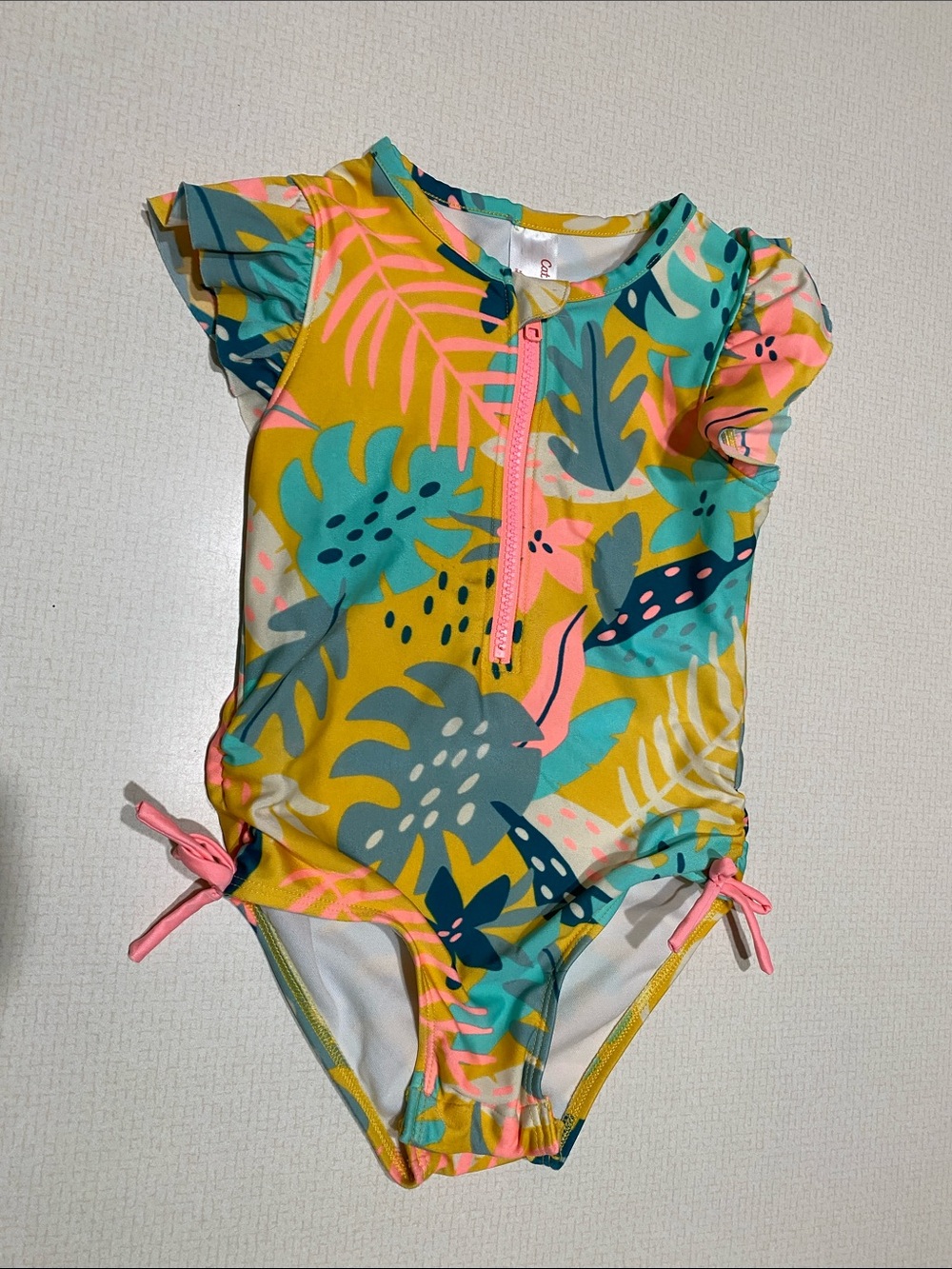 Kids Tropical Zip-Front One-Piece Swimsuit in Yellow and Teal